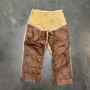 Vintage Leather Front Canvas Pants Mens 33x27 Brown Hunting Workwear Outdoor